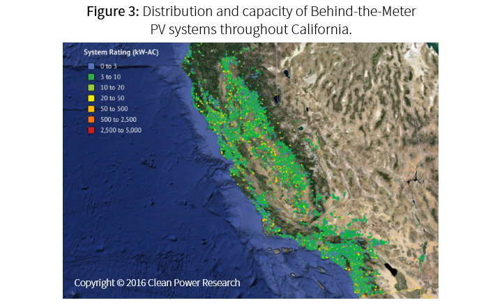 Mapa de distribución y capacidad de los sistemas fotovoltaicos detrás del contador en California