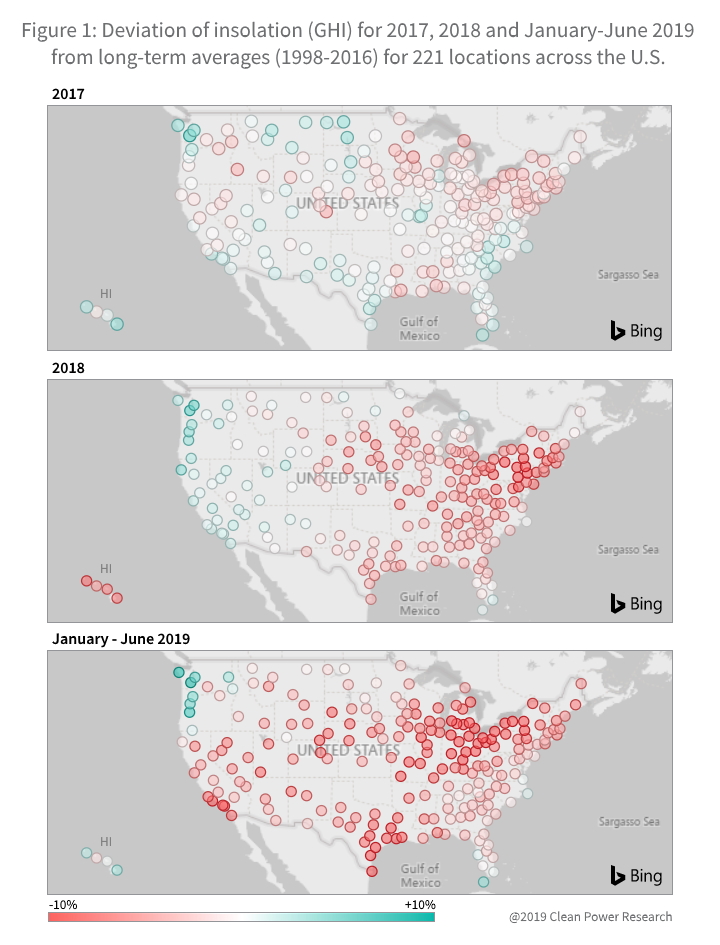 Los mapas de datos de SolarAnywhere muestran la desviación de la insolación en 2017-2018 en Estados Unidos.