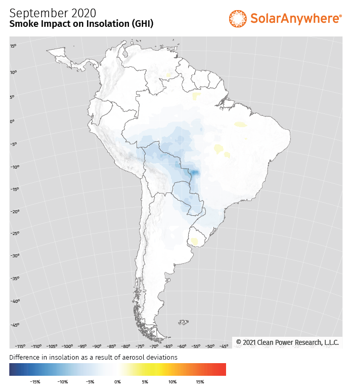 Wildfire Smoke Impact on Insolation (GHI) in South America in September 2020