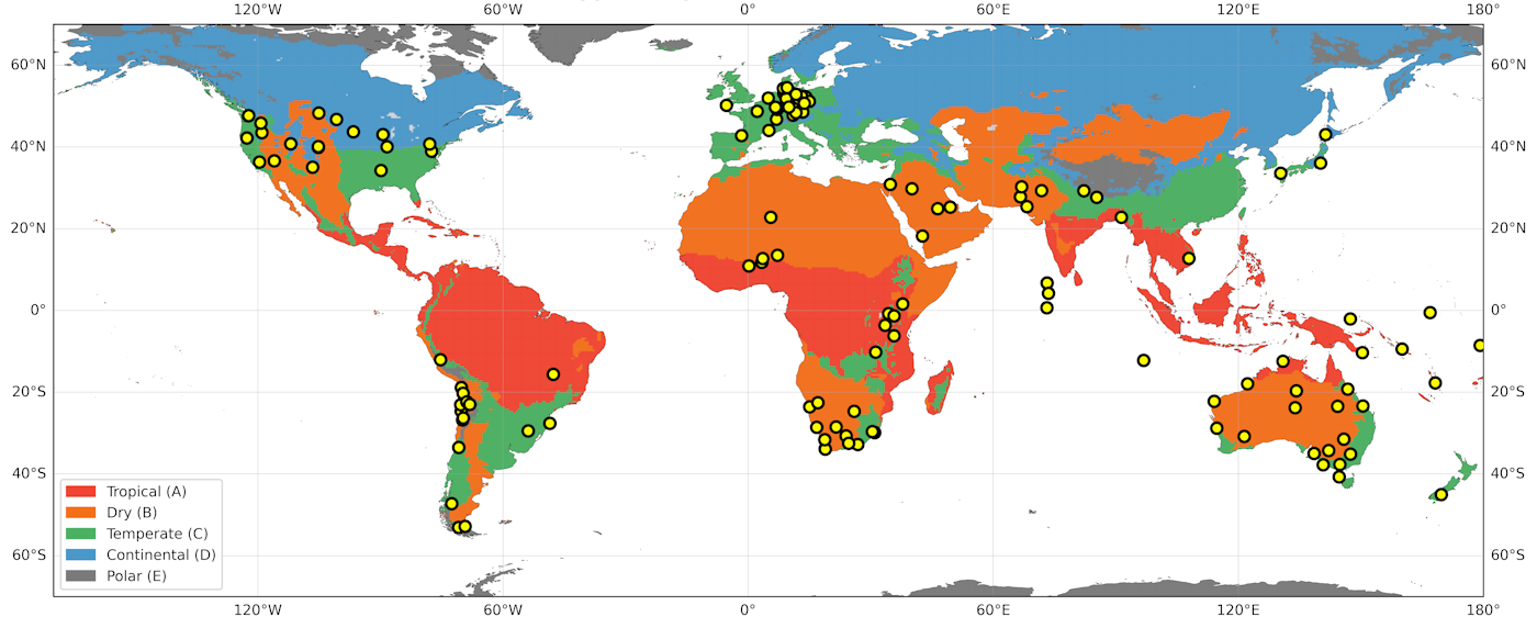 Figure 3: Koppen-Geiger Classifications and SolarAnywhere Validation Sites